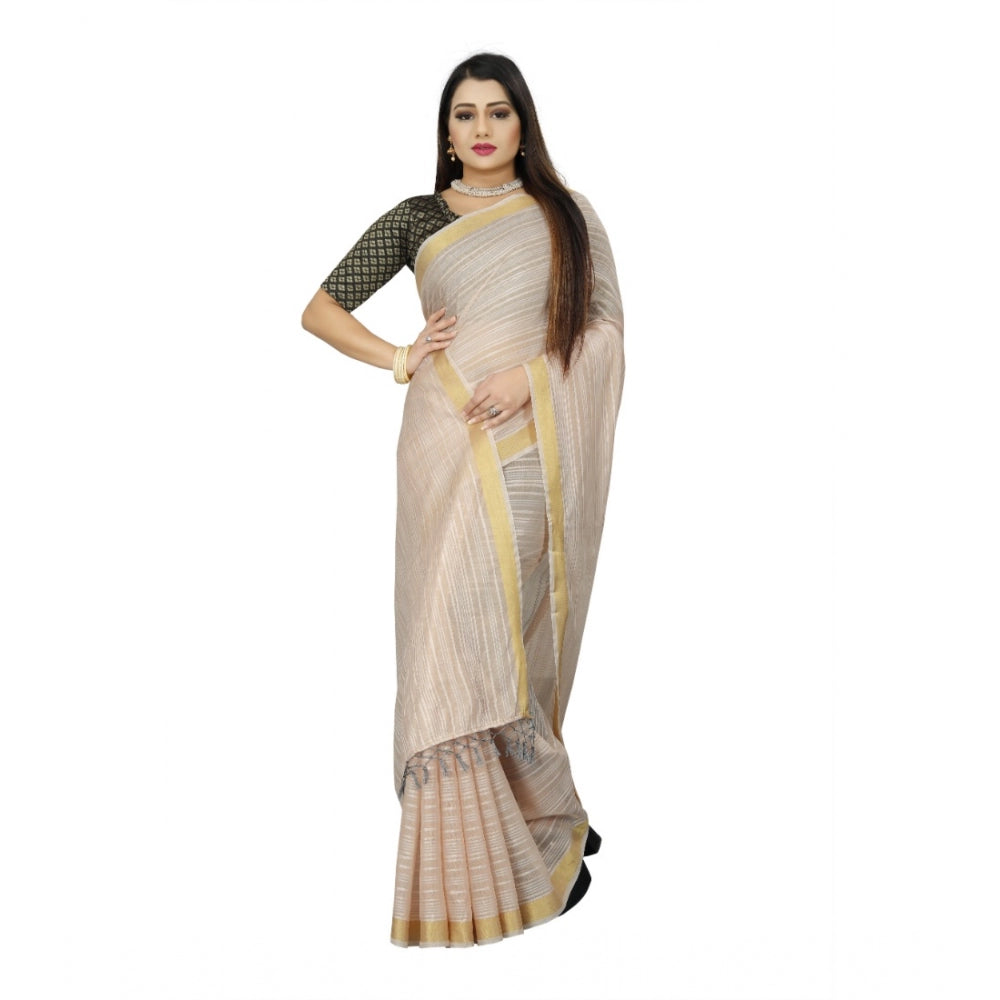 Women's Cotton Blend Solid/Plain Saree With Unstitched Blouse 5.5Mtr (Beige)