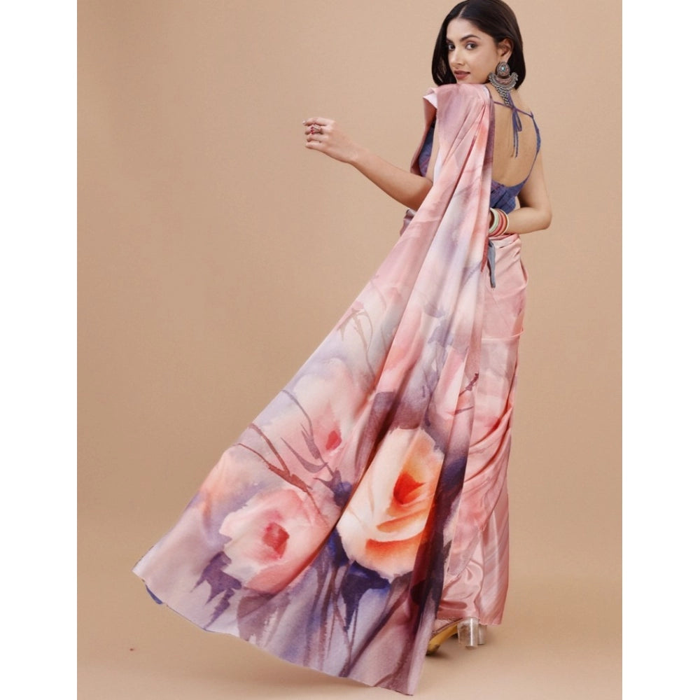 Women's Crepe Digital Print Saree With Unstitched Blouse 5.5Mtr (Pink)