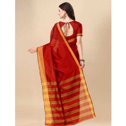 Women's Cotton Silk Striped Saree With Unstitched Blouse 5.5Mtr (Red)