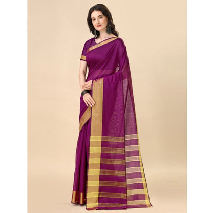 Women's Cotton Silk Striped Saree With Unstitched Blouse 5.5Mtr (Purple)