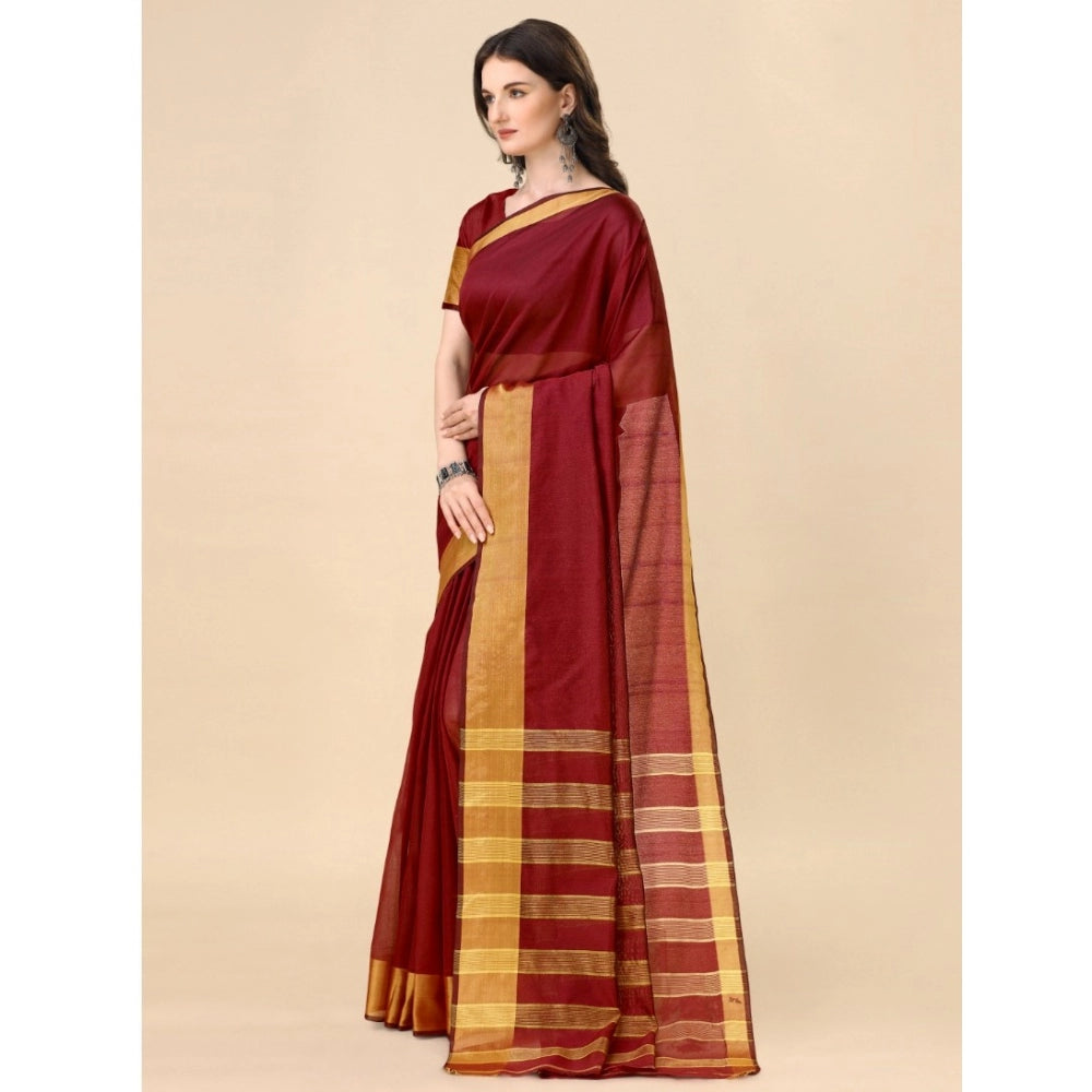 Women's Cotton Silk Striped Saree With Unstitched Blouse 5.5Mtr (Maroon)