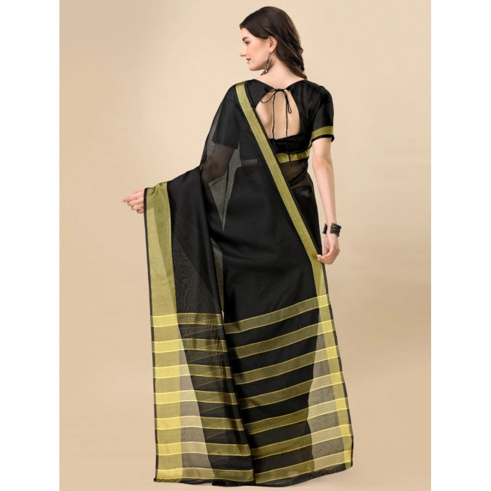 Women's Cotton Silk Striped Saree With Unstitched Blouse 5.5Mtr (Black)