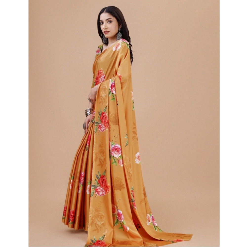 Women's Crepe Digital Print Saree With Unstitched Blouse 5.5Mtr (Mustard)