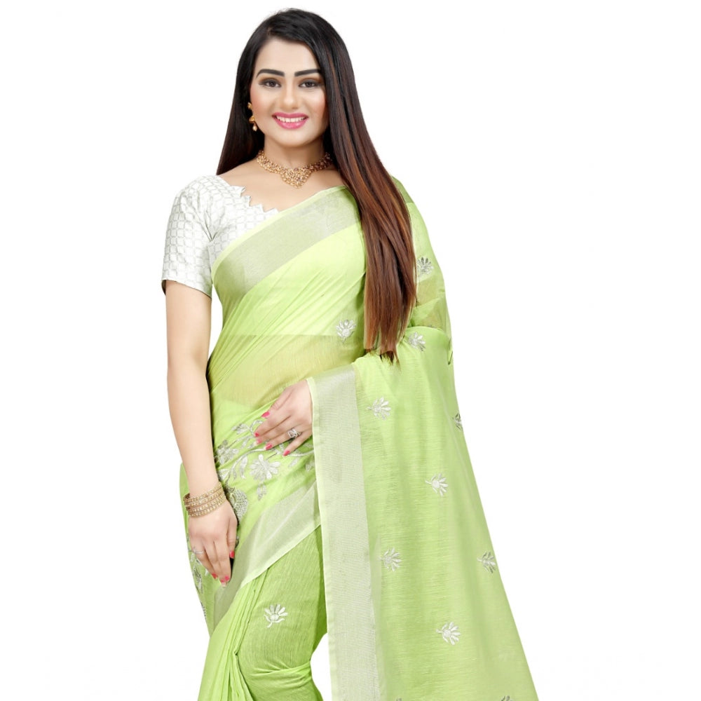 Women's Cotton Silk Embroidered Saree With Unstitched Blouse 5.5Mtr (Light Green)