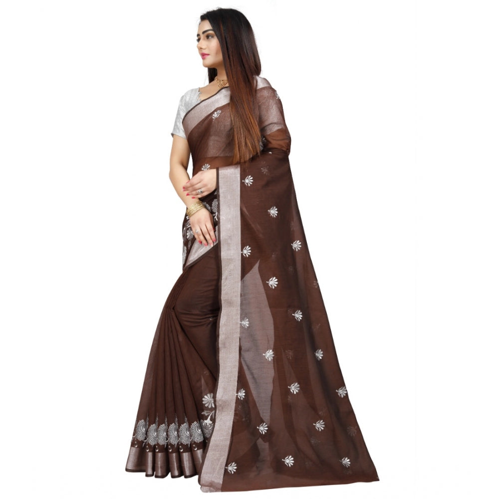 Women's Cotton Silk Embroidered Saree With Unstitched Blouse 5.5Mtr (Brown)