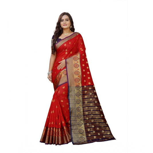 Women's Silk Blend Woven Saree With Unstitched Blouse 5.5Mtr (Purple-Red)