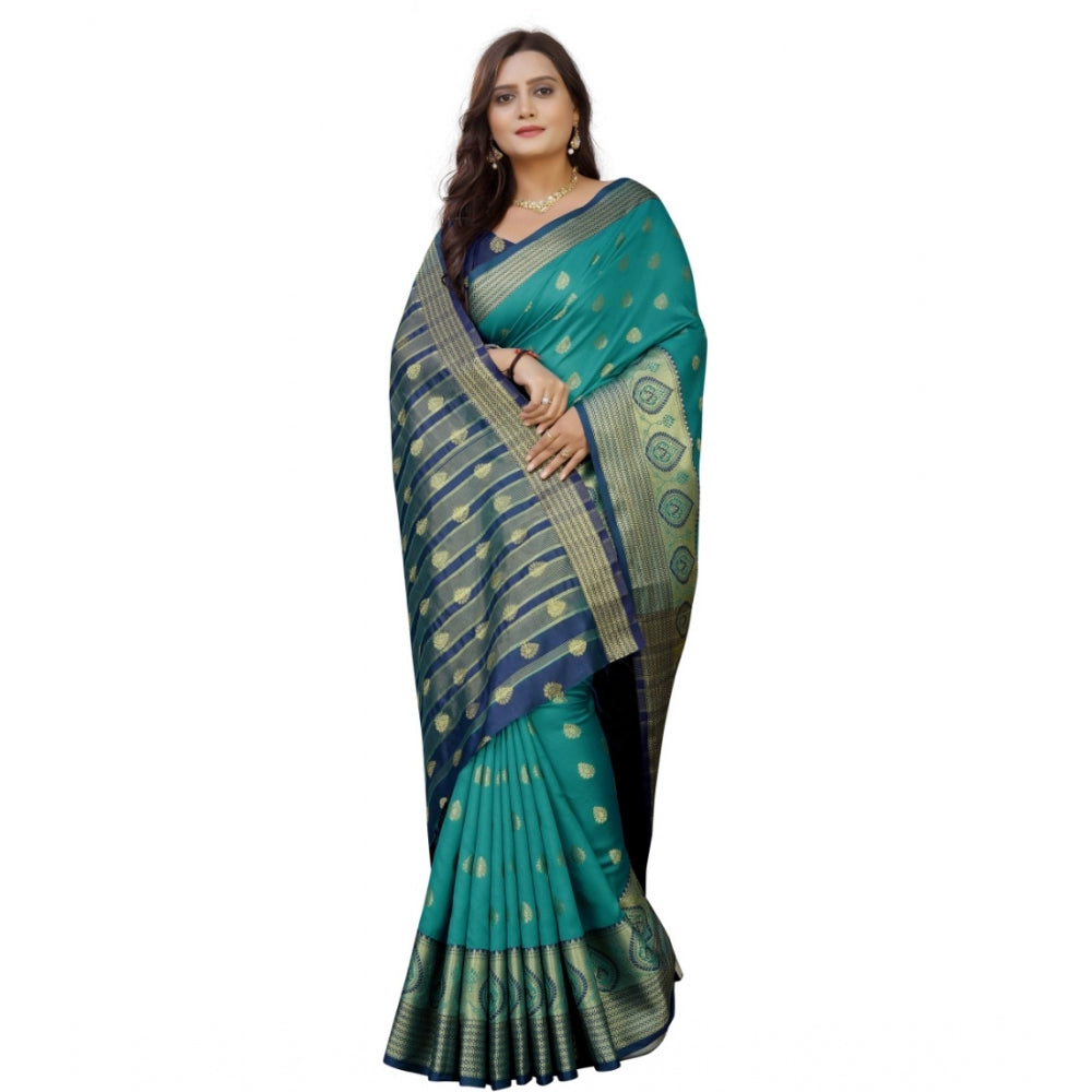 Women's Silk Blend Woven Saree With Unstitched Blouse 5.5Mtr (Dark Blue-Green)