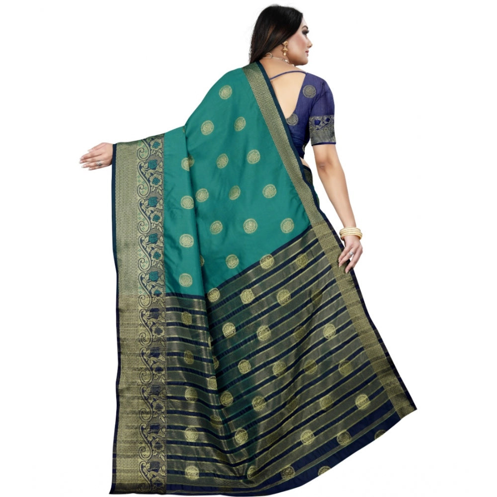 Women's Silk Blend Woven Saree With Unstitched Blouse 5.5Mtr (Green-Blue)