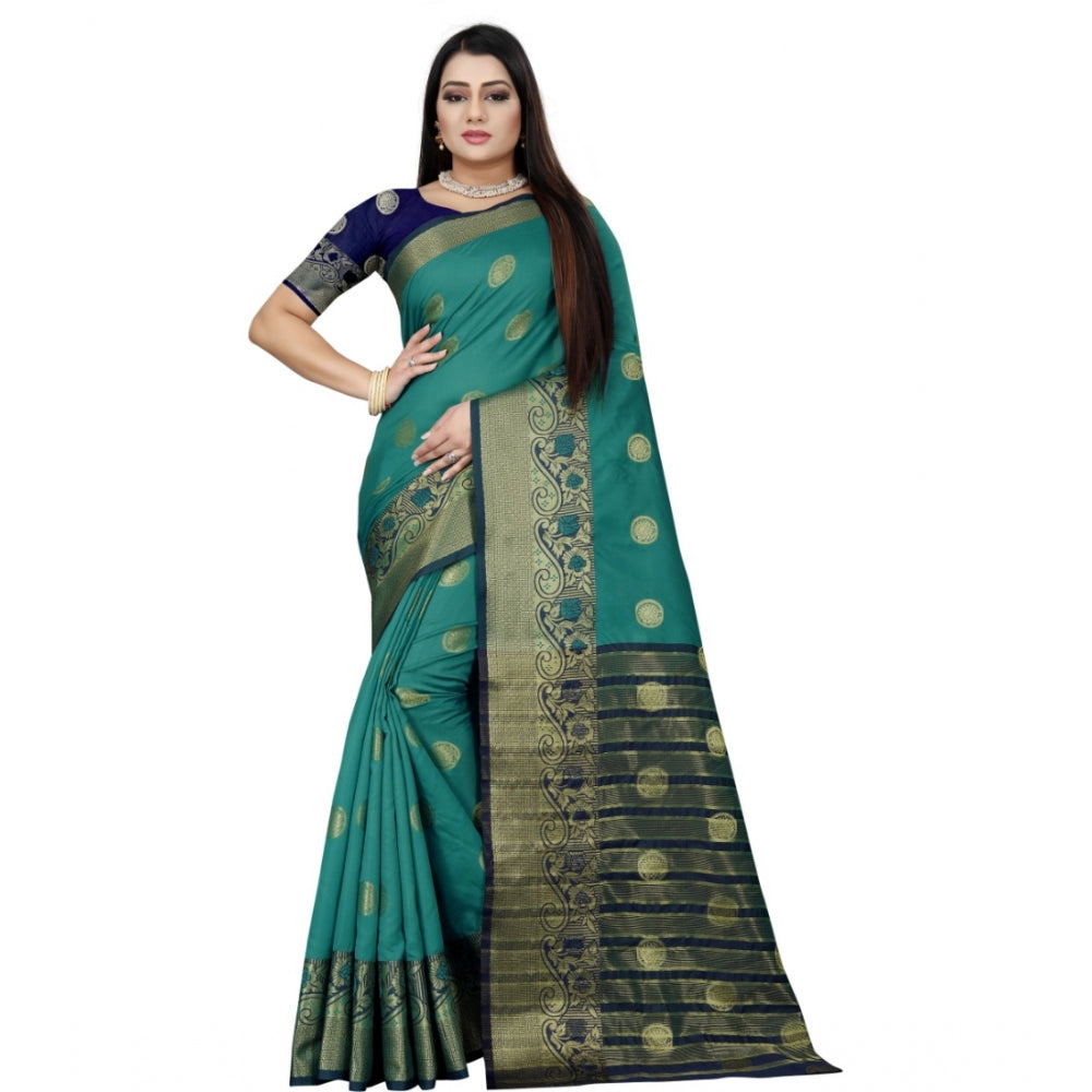 Women's Silk Blend Woven Saree With Unstitched Blouse 5.5Mtr (Green-Blue)