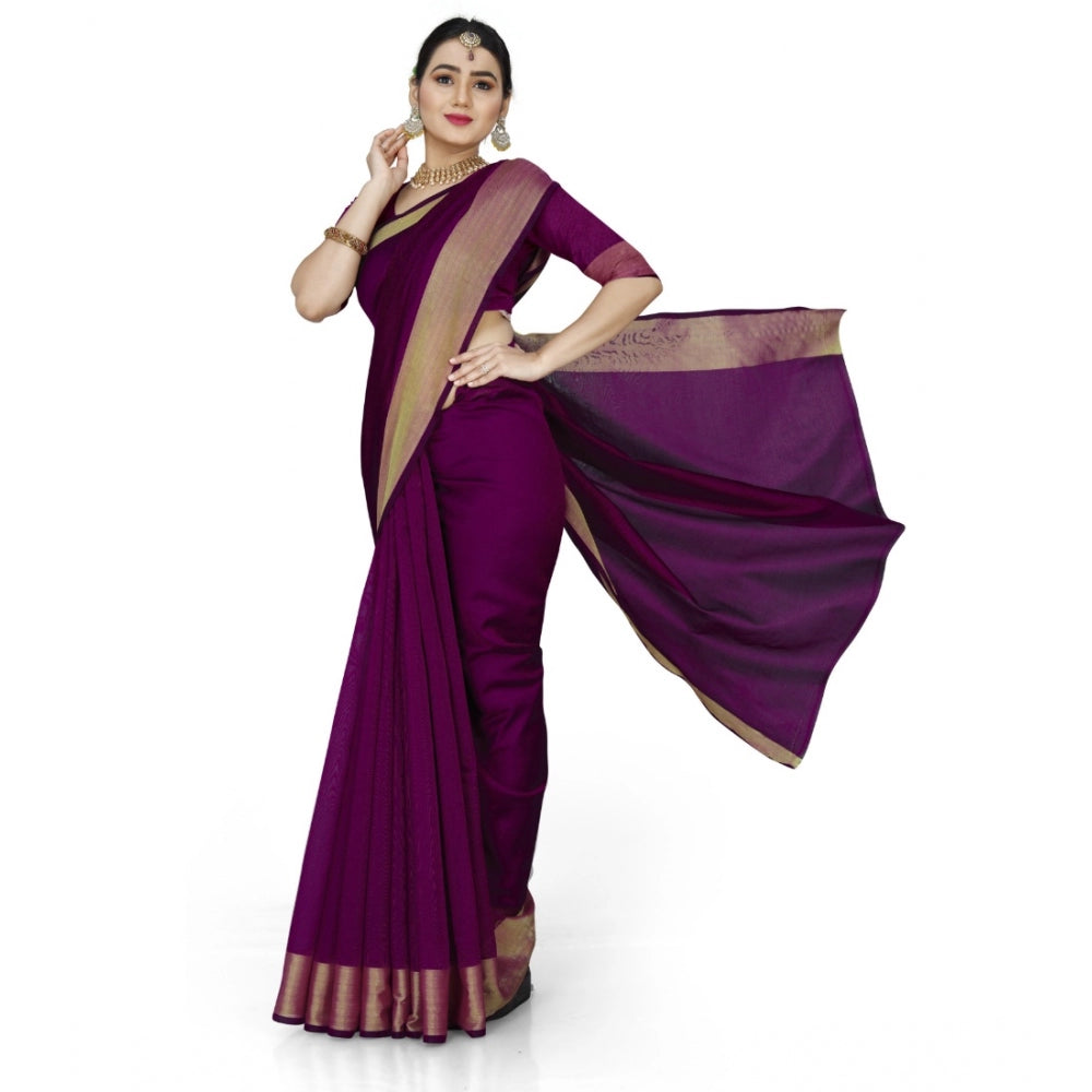 Women's Cotton Silk Self Design Saree With Unstitched Blouse 5.5Mtr (Purple)