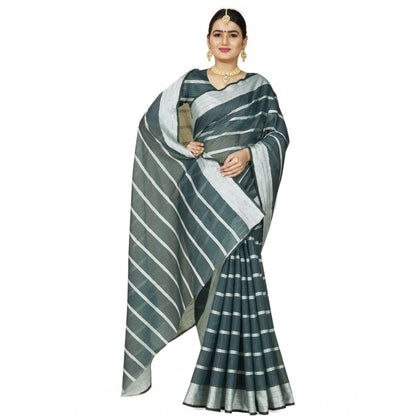 Women's Cotton Silk Striped Saree With Unstitched Blouse 5.5Mtr (Dark Green)