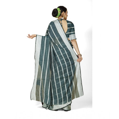 Women's Cotton Silk Striped Saree With Unstitched Blouse 5.5Mtr (Dark Green)