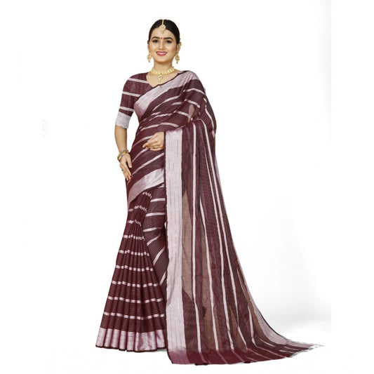 Women's Cotton Silk Striped Saree With Unstitched Blouse 5.5Mtr (Maroon)