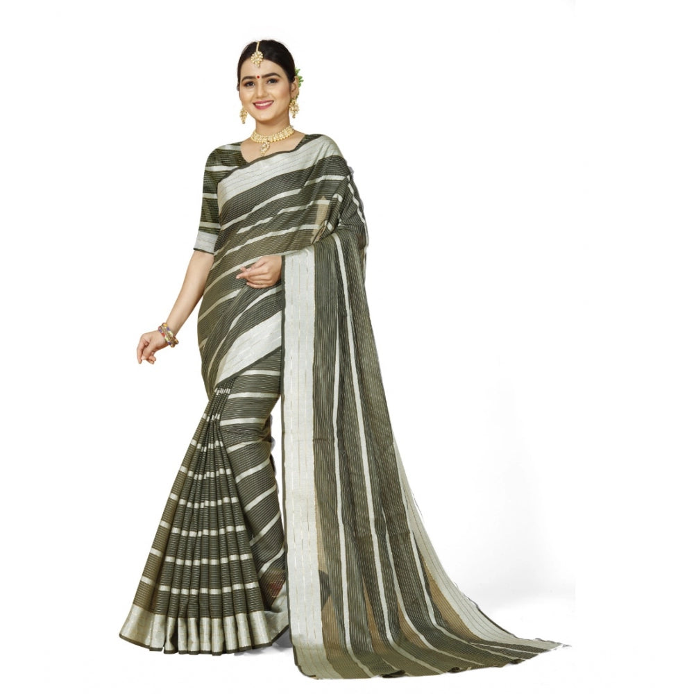 Women's Cotton Silk Striped Saree With Unstitched Blouse 5.5Mtr (Green)