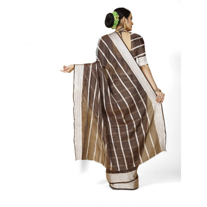 Women's Cotton Silk Striped Saree With Unstitched Blouse 5.5Mtr (Brown)