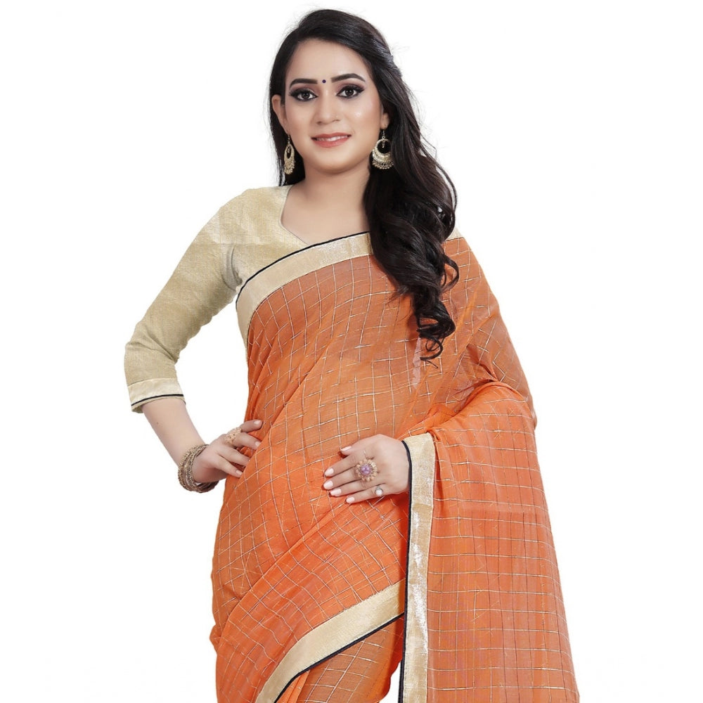 Women's Cotton Silk Checkered Saree With Unstitched Blouse 5.5Mtr (Orange)