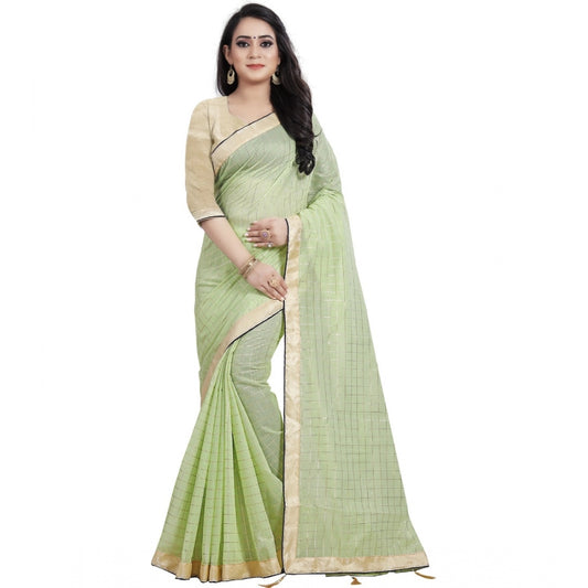 Women's Cotton Silk Checkered Saree With Unstitched Blouse 5.5Mtr (Light Green)