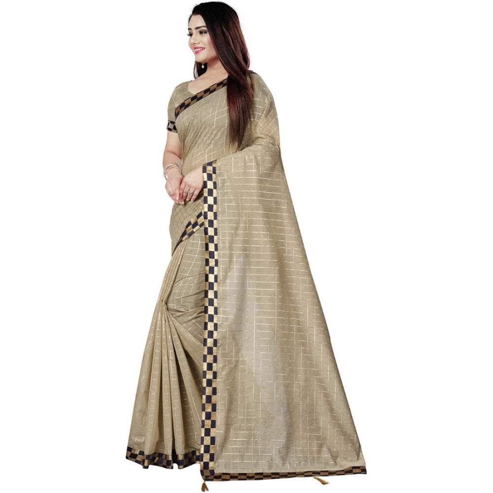 Women's Cotton Silk Checkered Saree With Unstitched Blouse 5.5Mtr (Cream)