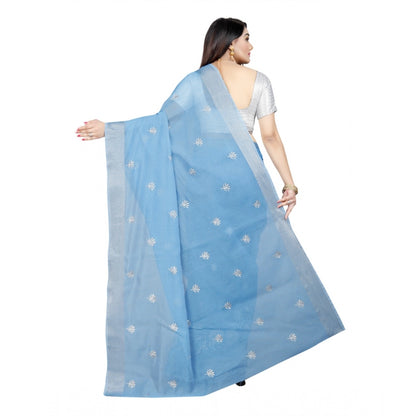 Women's Cotton Silk Embroidered Saree With Unstitched Blouse 5.5Mtr (Light Blue)