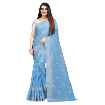 Women's Cotton Silk Embroidered Saree With Unstitched Blouse 5.5Mtr (Light Blue)