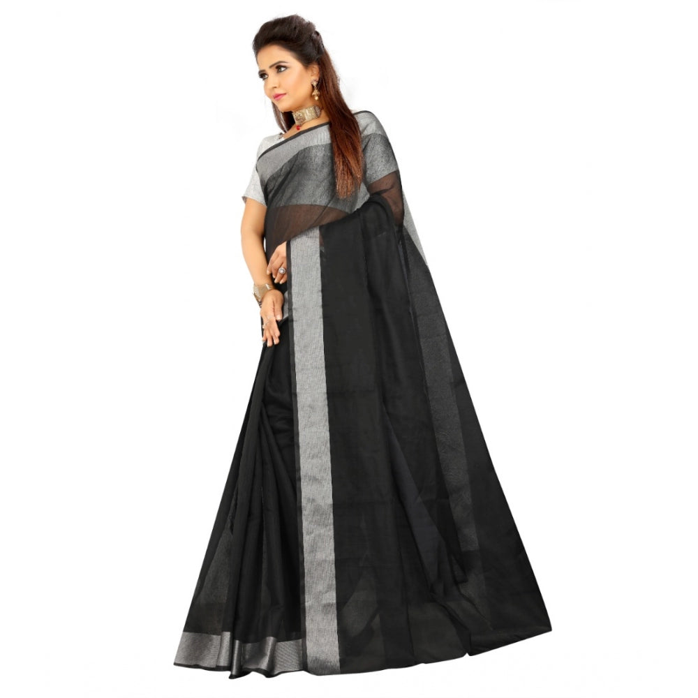 Women's Cotton Silk Self Design Saree With Unstitched Blouse 5.5Mtr (Black)