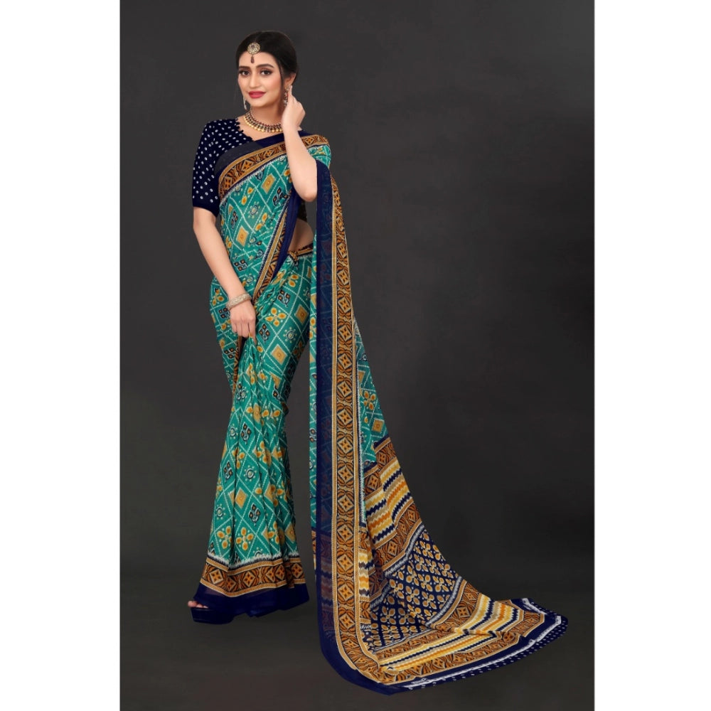 Women's Georgette Floral Print Saree With Unstitched Blouse 5.5Mtr (Dark Green)