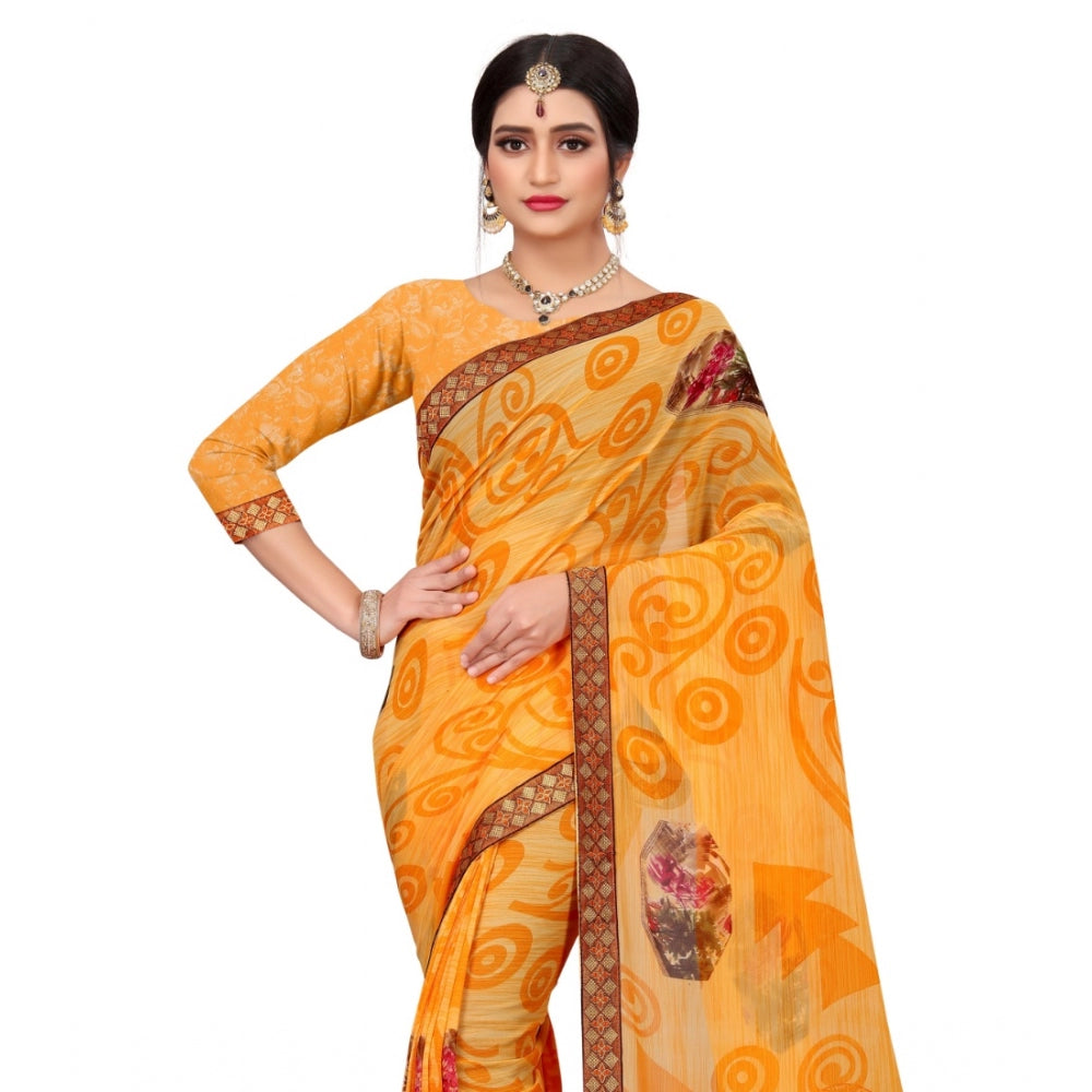 Women's Georgette Floral Print Saree With Unstitched Blouse 5.5Mtr (Mustard)