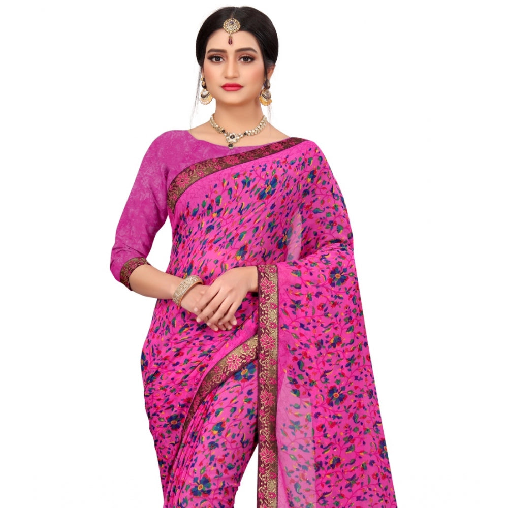 Women's Georgette Floral Print Saree With Unstitched Blouse 5.5Mtr (Pink)