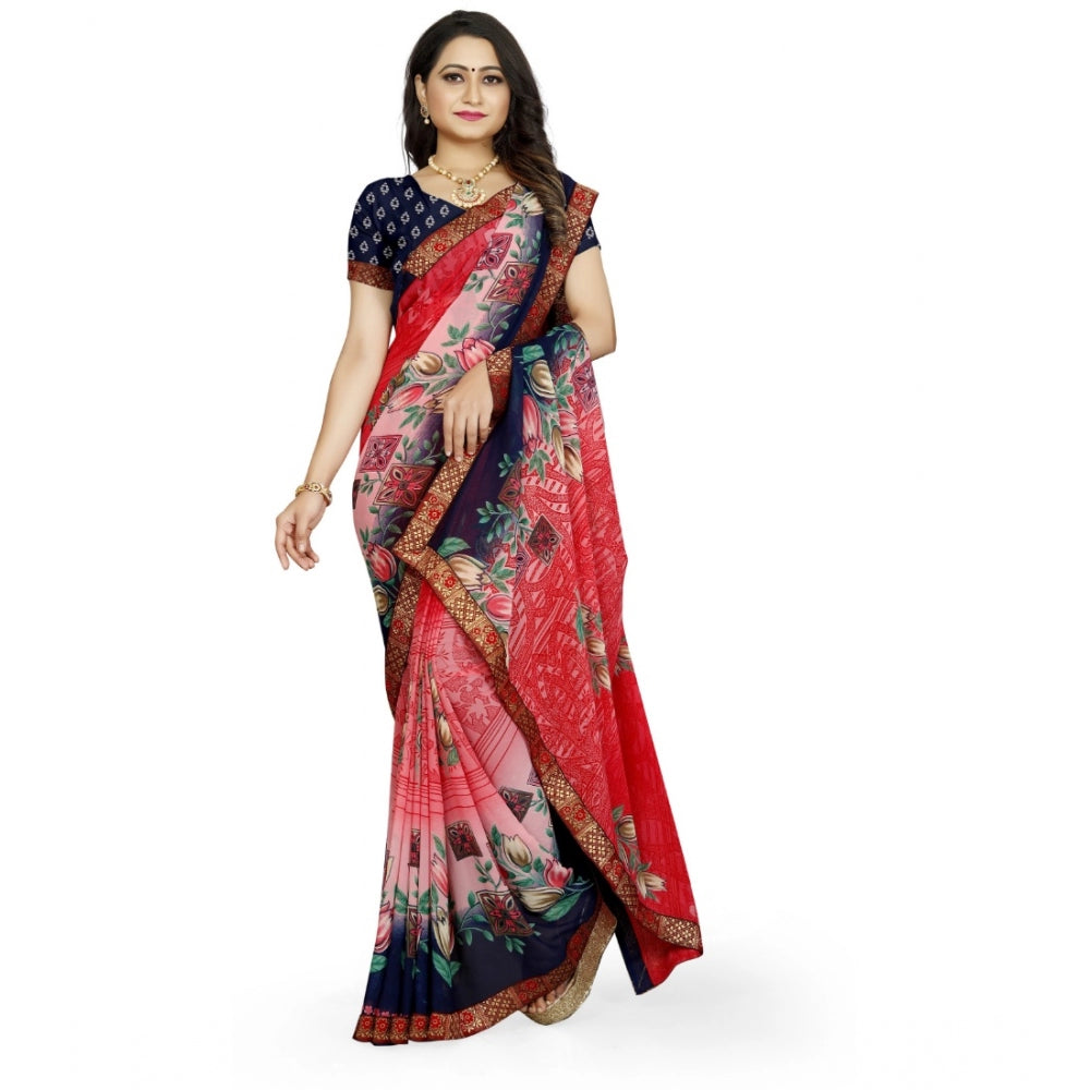 Women's Georgette Floral Print Saree With Unstitched Blouse 5.5Mtr (Red-Blue)