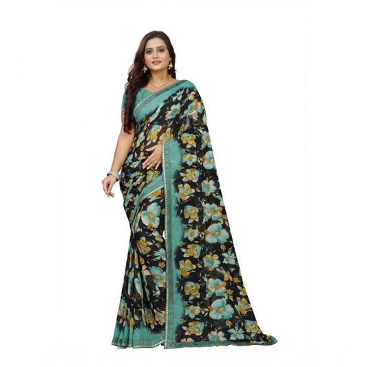 Women's Georgette Floral Print Saree With Unstitched Blouse 5.5Mtr (Blue-Black)