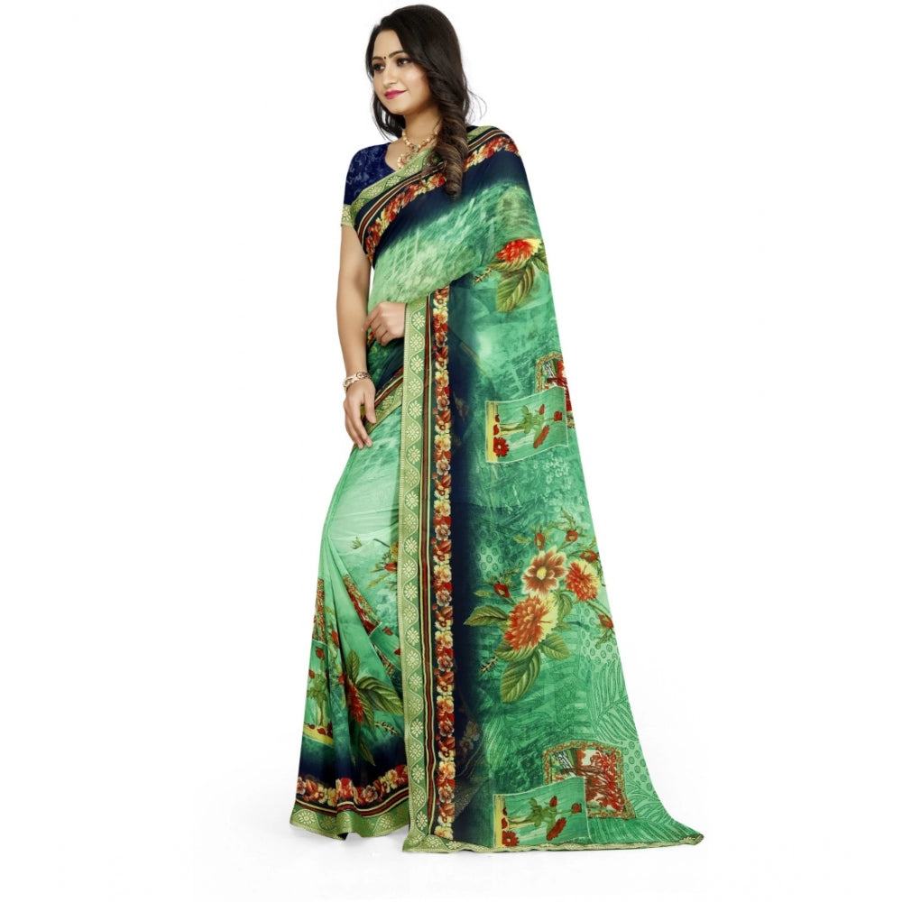 Women's Georgette Floral Print Saree With Unstitched Blouse 5.5Mtr (Green)