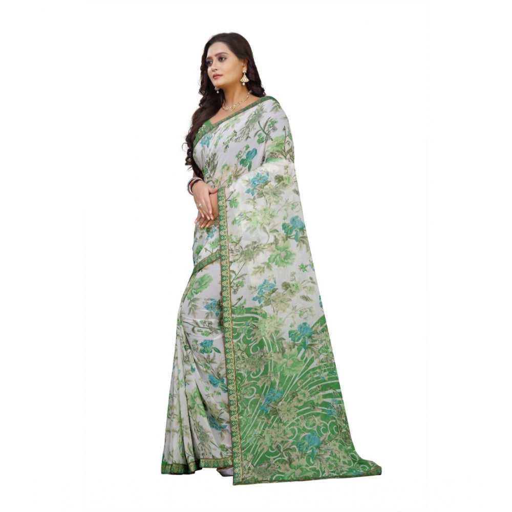 Women's Georgette Floral Print Saree With Unstitched Blouse 5.5Mtr (Green)