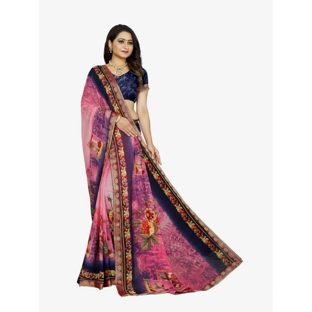 Women's Georgette Floral Print Saree With Unstitched Blouse 5.5Mtr (Blue-Pink)