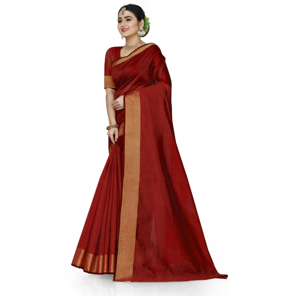 Women's Cotton Silk Self Design Saree With Unstitched Blouse 5.5Mtr (Red)