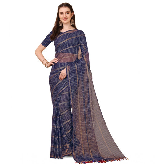 Generic Women's Silk Blend Checkered Saree With Unstitched Blouse 5.5Mtr (Blue)