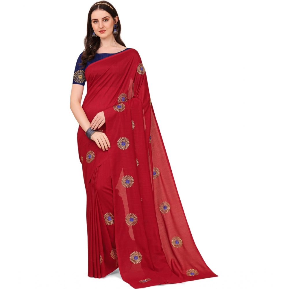 Generic Women's Silk Blend Embroidered Saree With Unstitched Blouse 5.5Mtr (Red)