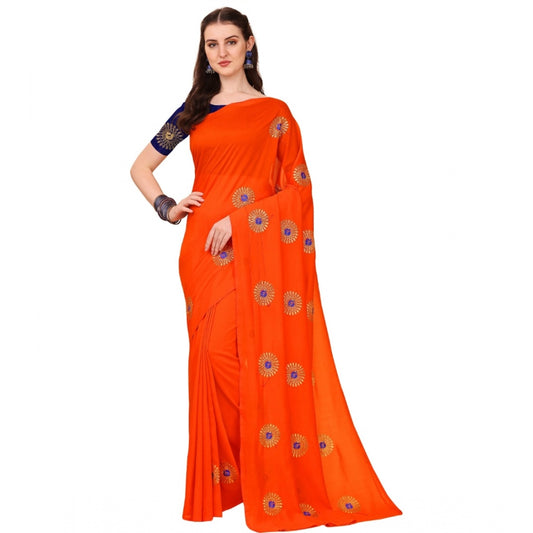 Generic Women's Silk Blend Embroidered Saree With Unstitched Blouse 5.5Mtr (Orange)