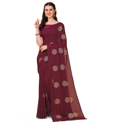 Generic Women's Silk Blend Embroidered Saree With Unstitched Blouse 5.5Mtr (Brown)