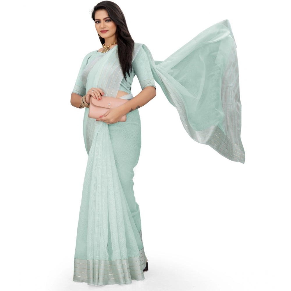 Women's Cotton Jute Self Design Saree With Unstitched Blouse 5.5Mtr (Sky Blue)