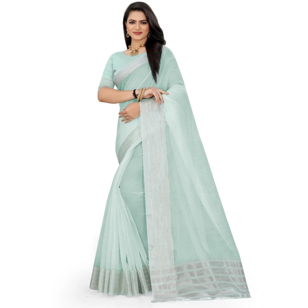 Women's Cotton Jute Self Design Saree With Unstitched Blouse 5.5Mtr (Sky Blue)