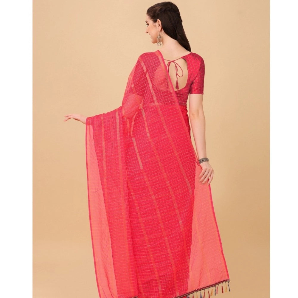 Generic Women's Silk Blend Checkered Saree With Unstitched Blouse 5.5Mtr (Pink)