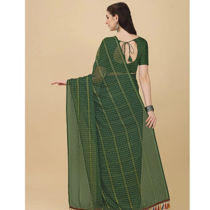 Generic Women's Silk Blend Checkered Saree With Unstitched Blouse 5.5Mtr (Green)