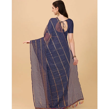 Generic Women's Silk Blend Checkered Saree With Unstitched Blouse 5.5Mtr (Blue)