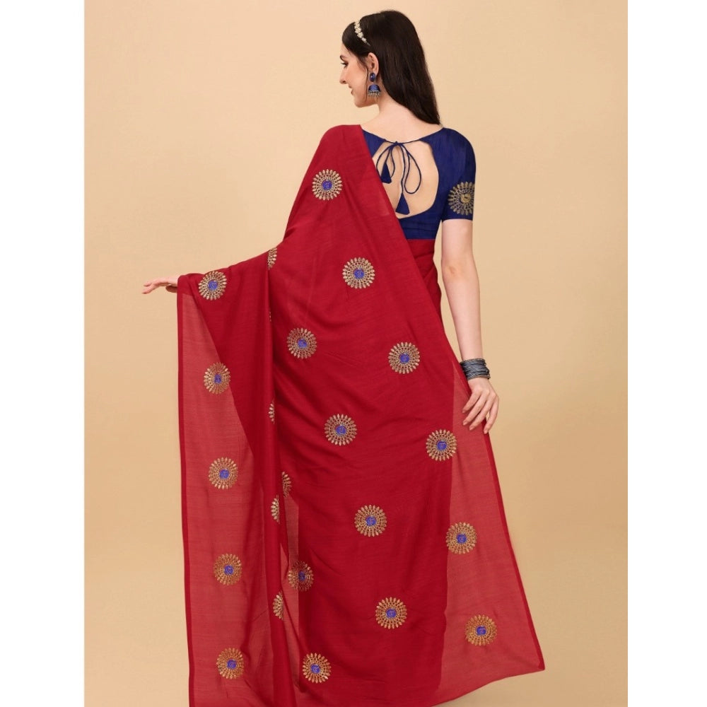 Generic Women's Silk Blend Embroidered Saree With Unstitched Blouse 5.5Mtr (Red)