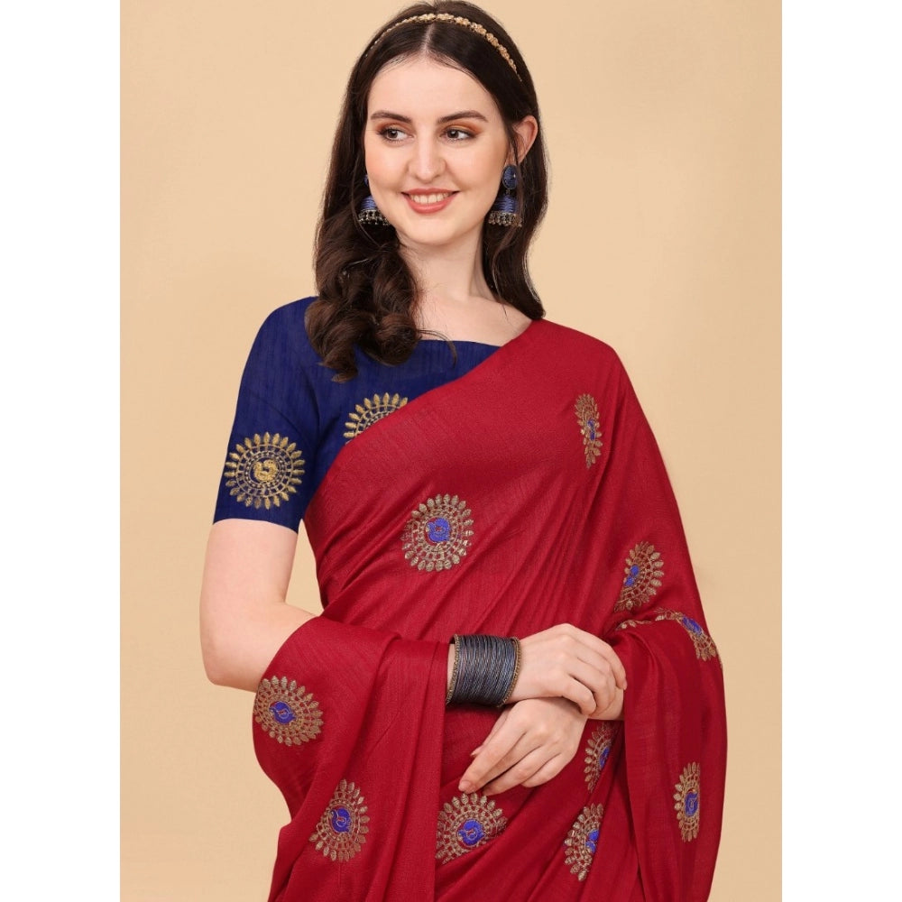 Generic Women's Silk Blend Embroidered Saree With Unstitched Blouse 5.5Mtr (Red)