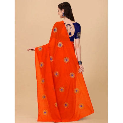 Generic Women's Silk Blend Embroidered Saree With Unstitched Blouse 5.5Mtr (Orange)