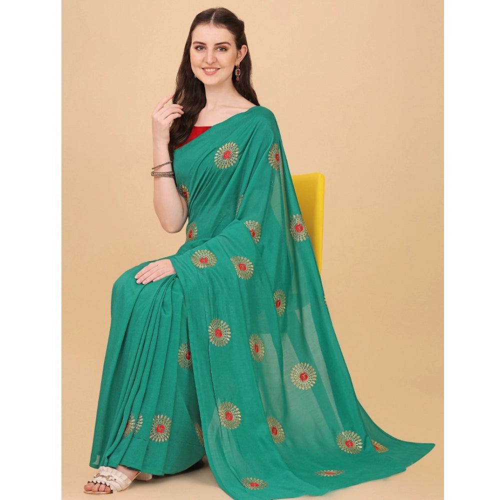 Generic Women's Silk Blend Embroidered Saree With Unstitched Blouse 5.5Mtr (Green)