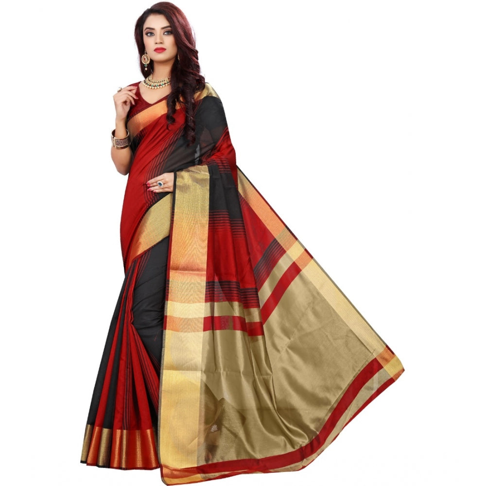 Women's Jacquard Woven Saree With Unstitched Blouse 5.5Mtr (Red-Black)