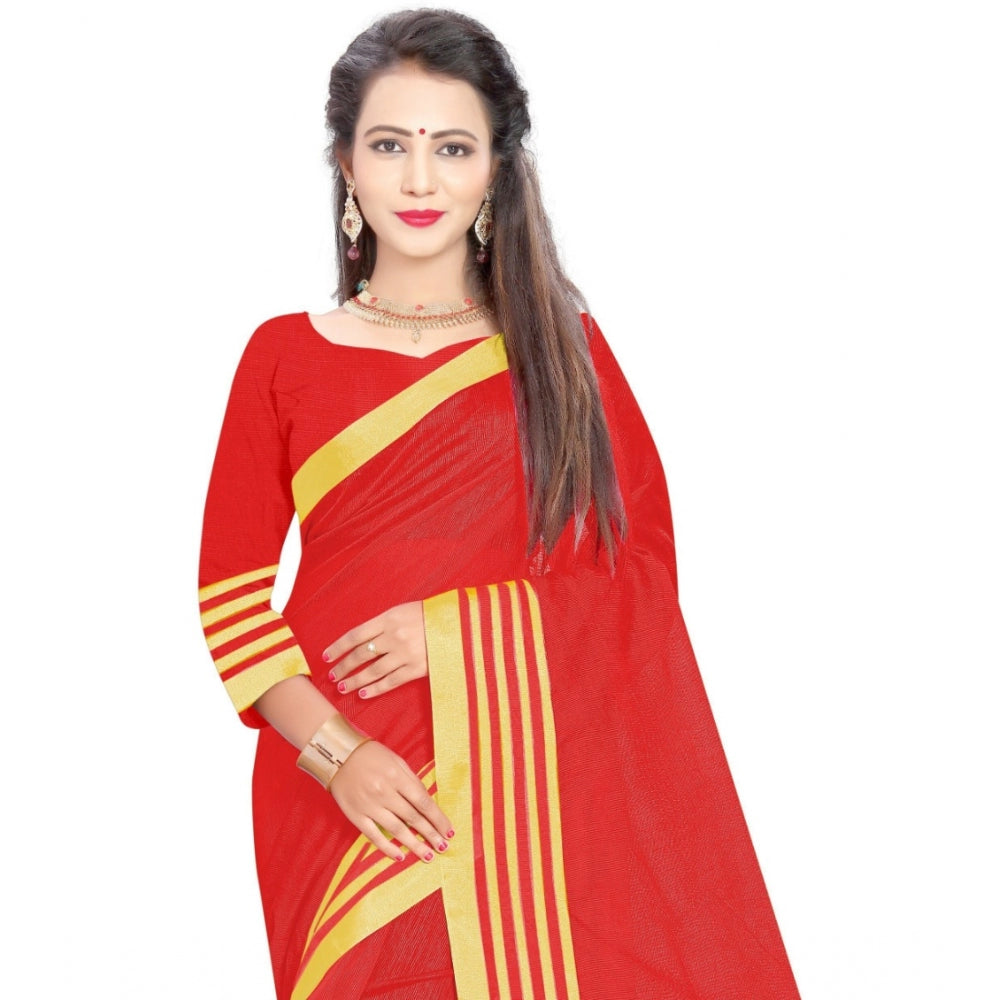 Women's Jacquard Striped Saree With Unstitched Blouse 5.5Mtr (Red)