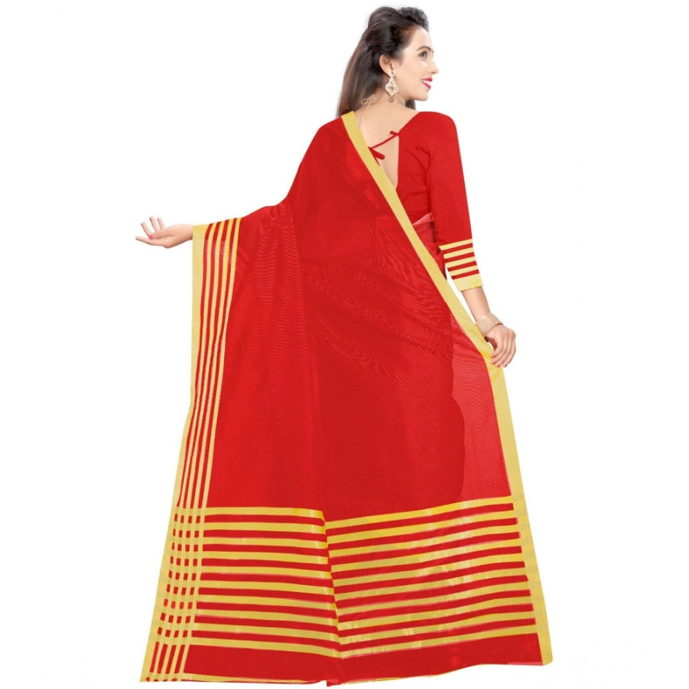 Women's Jacquard Striped Saree With Unstitched Blouse 5.5Mtr (Red)